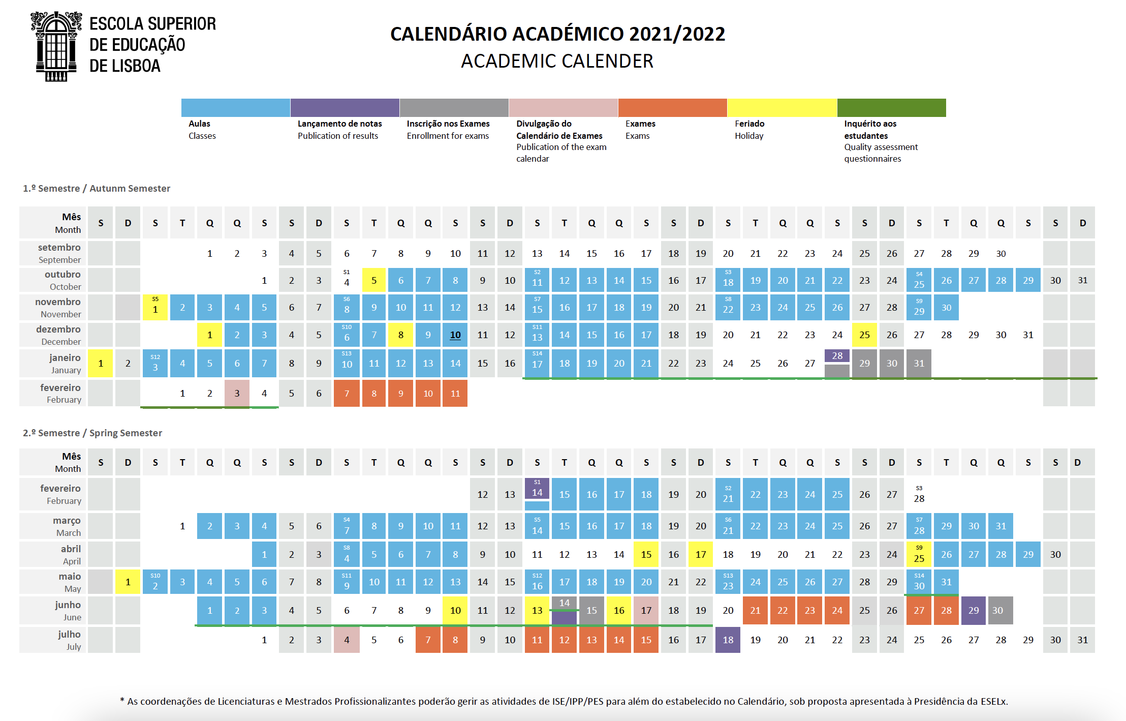 Calendário Escolar Escola Superior de Educação de Lisboa